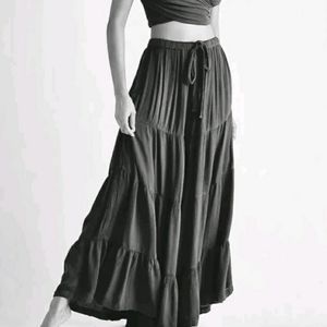 NWOT Free People Pant Ribbed Knit Tiered Ruffle Wide Leg Tie Drawstring Black L